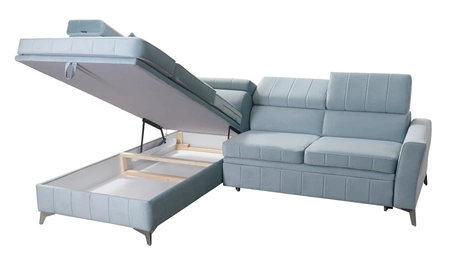 Narożnik z funkcją spania Rava III granatowy lewostronny velvet komfortowy narożnik z regulowanymi zagłówkami i pojemnikiem na pościel