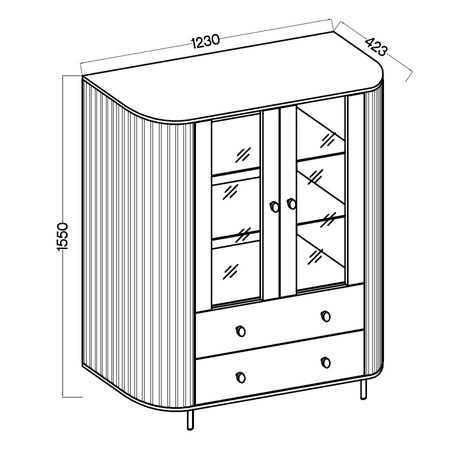 Witryna Ovalio 123 cm beżowa designerska witryna do salonu o owalnym kształcie z dekoracyjnymi frezowaniami pojemne szuflady