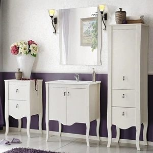 Zestaw mebli łazienkowych Elisabeth biały eleganckie drewniane szafki do łazienki stylowe wysokie nogi kontrastowe metalowe uchwyty