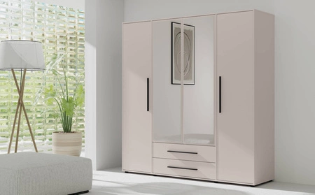 Szafa z lustrem Maxione 198 cm beżowa pojemna szafa do sypialni pokoju młodzieżowego lub przedpokoju wzbogacona szufladami