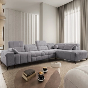 Narożnik z funkcją spania Penejos XI jasny szary prawostronny wygodny narożnik z regulowanymi zagłówkami i dwoma pojemnikami na pościel