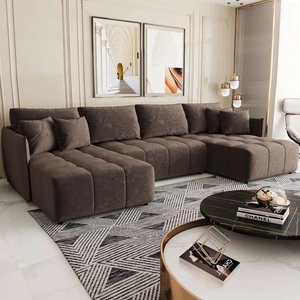 Narożnik z funkcją spania Oroso U jasny brąz pojemnik na pościel miękka tkanina typu velvet z powłoką hydrofobową ozdobne pikowania