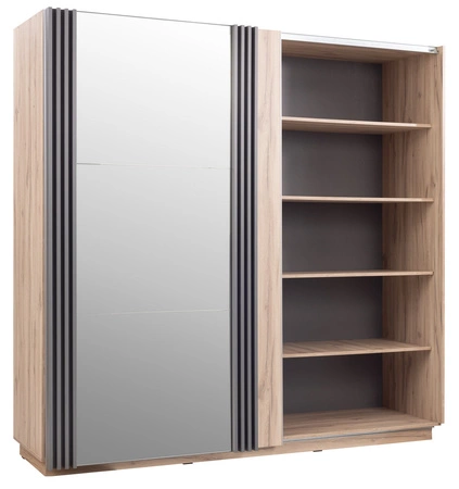 Szafa przesuwna z lustrem Estan 215 cm dąb estana jasny / antracyt nowoczesny design mebla drzwi szafy ozdobione lamelami