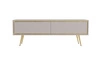 Meblościanka Nevea beżowa eleganckie meble do salonu o subtelnej kolorystyce bezuchwytowe bryły wzbogacone designerskim obrzeżem