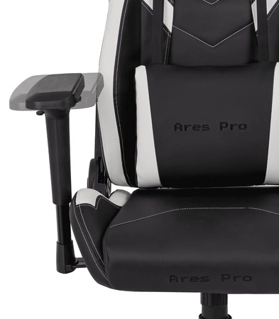Fotel gamingowy Ares Pro czarny / biały komfortowy i funkcjonalny fotel z regulowanymi podłokietnikami stabilny metalowy stelaż