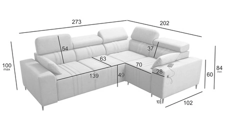 Narożnik z funkcją spania Castel II szary brąz prawostronny komfortowy narożnik z regulowanymi zagłówkami pojemnik na pościel