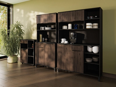 Zestaw mebli kuchennych Brianza 270 cm czarny / orzech okapi zestaw z szafką na kółkach idealne do aranżacji małego aneksu kuchennego