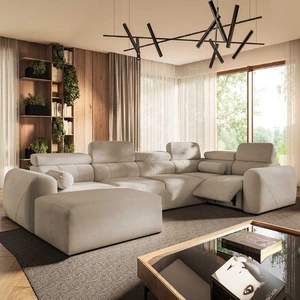 Narożnik z funkcją spania Cantare IV Lux beżowy lewostronny starannie wykonany narożnik do salonu z podnoszonym podnóżkiem