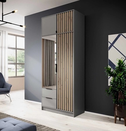 Nadstawka do szafy Aspen 105 cm szara / lamele w kolorze dąb artisan funkcjonalna szafka powiększy miejsce do przechowywania ubrań obuwia i dodatków