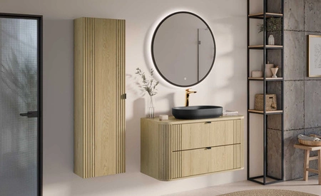 Słupek łazienkowy wiszący Ovalia Cremona 40 cm dąb cremona designerska szafka z wyrazistym ryflowaniem czarny uchwyt krawędziowy