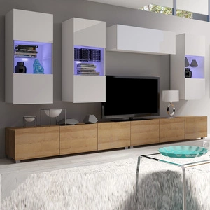 Meblościanka Apulia V biały połysk / dąb złoty wyjątkowo stylowa meblościanka proste bryły wpisujące się w każde wnętrze