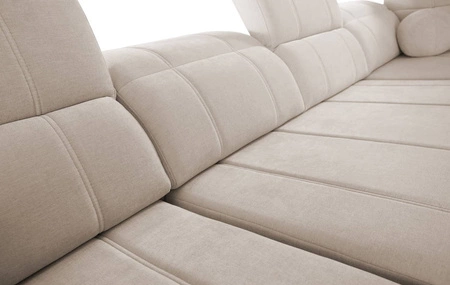 Narożnik z funkcją spania Cetara XII brązowy prawostronny stylowy design komfortowe przesuwane oparcia dwa pojemniki na pościel