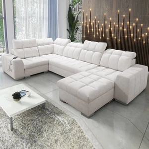 Narożnik z funkcją spania Luigi IV jasny beż prawostronny elegancki narożnik do salonu wykonany z miękkiej tkaniny typu velvet