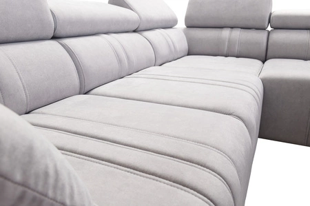 Narożnik z funkcją spania Castel II szary popiel prawostronny komfortowy narożnik z regulowanymi zagłówkami pojemnik na pościel