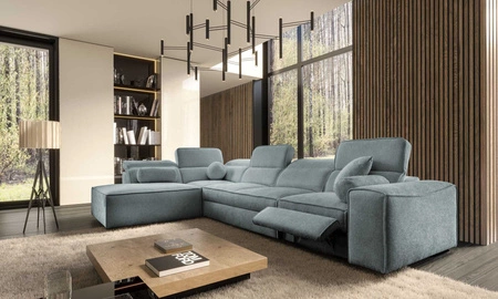 Narożnik z funkcją spania Viano XI Lux szary błękit lewostronny designerski narożnik z wysuwanym podnóżkiem i pojemnikiem na pościel
