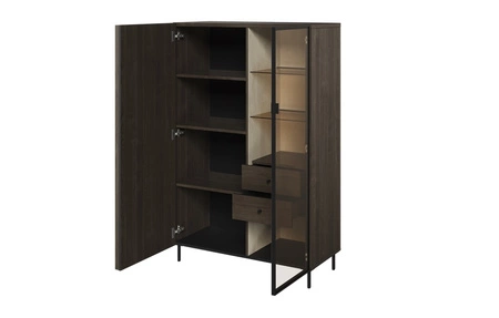 Zestaw mebli Piemonte jesion portland / czarny elegancka meblościanka do salonu gustowne lamele na frontach mebli metalowa podstawa