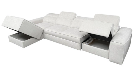 Narożnik z funkcją spania Viano XII patynowy lewostronny stylowy narożnik o ciekawym kształcie regulowane zagłówki ozdobne poduszki