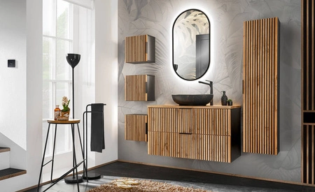 Słupek łazienkowy wiszący Xilo 35 cm czarny / dąb wotan gustowny ryflowany front odporność na działanie wilgoci i wysokiej temperatury