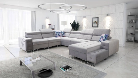 Narożnik z funkcją spania Hampton VIII szary popiel prawostronny nowoczesny design narożnik rozkładany do salonu funkcjonalna dostawka
