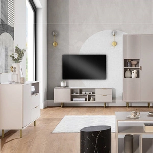 Zestaw mebli Sula beżowy meblościanka do salonu wzbogacona o metalowe uchwyty ozdobne ryflowane fronty system push to open