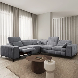 Narożnik z funkcją spania Penejos III Lux szary lewostronny komfortowy narożnik do salonu z wysuwanym podnóżkiem pojemnik na pościel