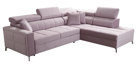 Narożnik z funkcją spania Nausa III grafitowy prawostronny velvet stylowy komfortowy narożnik regulowane zagłówki pojemnik na pościel