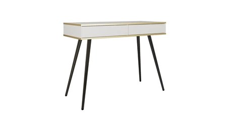 Konsola Luxury biała z szufladami stylowa i elegancka toaletka wsparta na wysokich czarnych nogach korpus zwieńczony złotą listwą