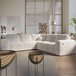 Narożnik z funkcją spania Arbon III beżowy prawostronny wyjątkowo stylowy narożnik z pojemnikiem na pościel unikalny obły kształt