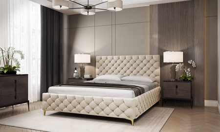 Łóżko tapicerowane Fiano 140x200 beżowe stylowe łóżko z pojemnikiem na pościel wygodny zagłówek zachwyca eleganckim designem