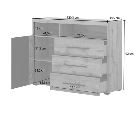 Zestaw mebli Roger dąb wotan / czarny gustowna stylistyka mebli wzbogacona o stylowe czarne dodatki idealna meblościanka do pokoju dziennego