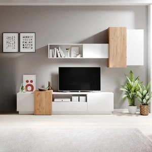 Meblościanka Space biały / dąb craft złoty modernistyczny design i nowoczesna forma mebli system push to open