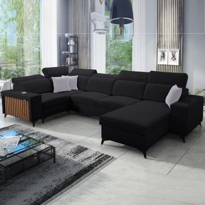 Narożnik z funkcją spania Kelly IV czarny prawostronny pleciony komfortowy narożnik regulowane zagłówki bok wykończony lamelami