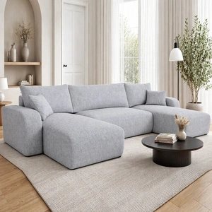 Narożnik z funkcją spania Fiesta U szary popiel stylowy narożnik o ciekawym kształcie wytrzymała pleciona tkanina pojemnik na pościel