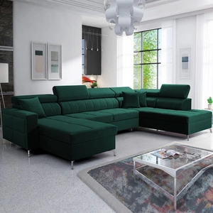 Narożnik z funkcją spania Nausa VI butelkowa zieleń lewostronny stylowy narożnik o komfortowym wykończeniu miękka tkanina typu velvet