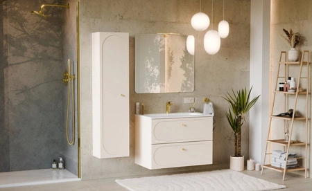 Szafka pod umywalkę Donna Sand 80 cm beżowa elegancka szafka wisząca z dekoracyjnym obłym frezowaniem złote uchwyty wykonane z metalu