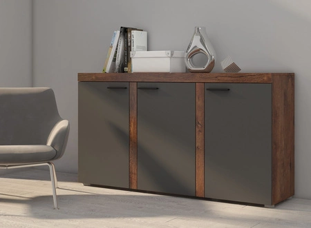 Komoda Rene 149 cm dąb lefkas / grafit nowoczesne kształty komody w wyjątkowej stylizacji obrzeża wykończone specjalną okleiną