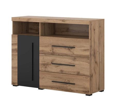 Zestaw mebli Roger dąb wotan / czarny gustowna stylistyka mebli wzbogacona o stylowe czarne dodatki idealna meblościanka do pokoju dziennego