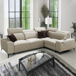 Narożnik z funkcją spania Kelly Sleek II beżowy prawostronny elegancki narożnik do salonu wykonany z miękkiej tkaniny typu velvet