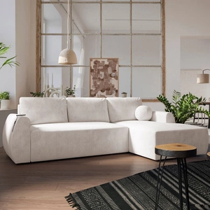 Narożnik z funkcją spania Colio kremowy prawostronny stylowy narożnik o ciekawym kształcie welurowa tkanina ozdobna poduszka piłka