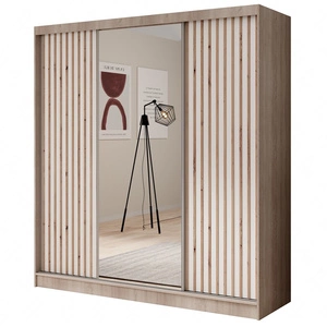 Szafa przesuwna z lustrem Ida 200 cm dąb sonoma jasny / biały stylowe lamele zdobiące drzwi szafy wnętrze wyposażone w pojemne szuflady