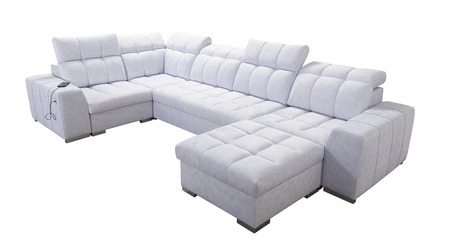 Narożnik z funkcją spania Luigi IV jasny beż prawostronny elegancki narożnik do salonu wykonany z miękkiej tkaniny typu velvet