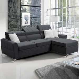 Narożnik z funkcją spania Rava grafitowy prawostronny velvet komfortowy i funkcjonalny narożnik z regulowanymi zagłówkami