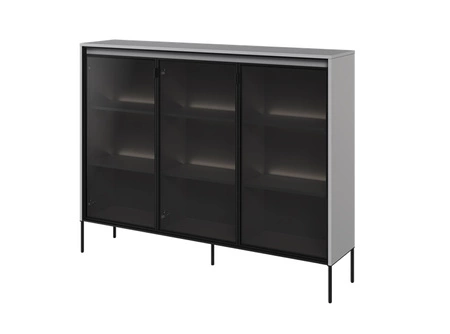 Komoda Trend 150 cm szara designerski przeszklony front klimatyczne oświetlenie w postaci paska led pod górnym blatem