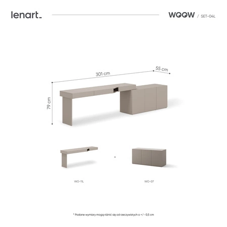 Biurko z komodą Woow 301 cm clay grey lewe funkcjonalne biurko młodzieżowe z możliwością obustronnego oraz narożnego montażu