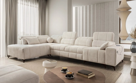 Narożnik z funkcją spania Penejos XI kremowy lewostronny wygodny narożnik z regulowanymi zagłówkami i dwoma pojemnikami na pościel