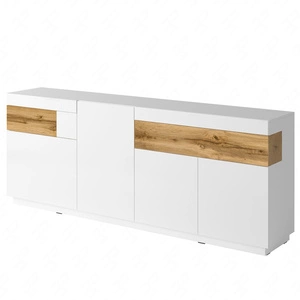 Komoda z szufladami Silke 219 cm biała / biały połysk / dąb wotan nietuzinkowa komoda idealna do nowoczesnych wnętrz push to open