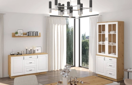 Kredens Scandi 100 cm dąb artisan / biały klasyczny design bezpieczne szkło hartowane stylowe frezowane fronty metalowe uchwyty