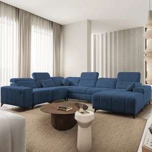 Narożnik z funkcją spania Penejos VIII niebieski prawostronny stylowy narożnik rozkładany wykonany z wytrzymałej tkaniny