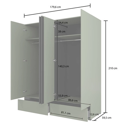 Szafa Cross 180 cm zielona prosta forma w nowoczesnym wydaniu idealna szafa do sypialni lub garderoby geometryczny kształt pojemne szuflady