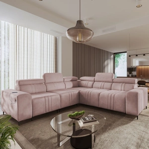 Narożnik z funkcją spania Castel III różowy lewostronny narożnik z dwoma pojemnikami na pościel regulowane zagłówki